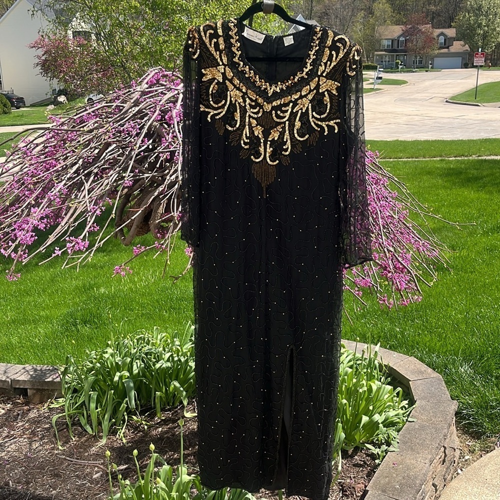 Vintage silk Laurence Kazar beaded maxi dress size XXL black lined evening gown